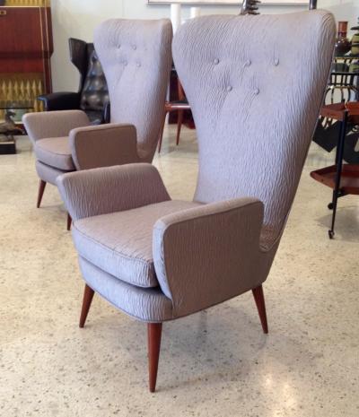 Pair of Mid Century Italian Modern High Back Gray Upholstered Armchairs