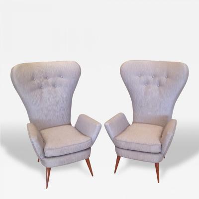 Pair of Mid Century Italian Modern High Back Gray Upholstered Armchairs