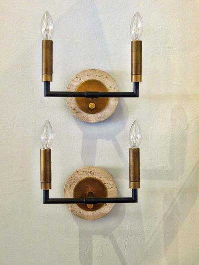 Pair of Mid Century Italian Modern Metal and Travertine Wall Sconces