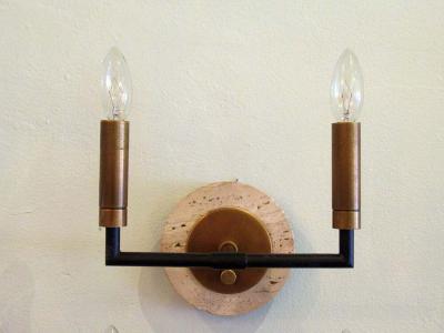 Pair of Mid Century Italian Modern Metal and Travertine Wall Sconces