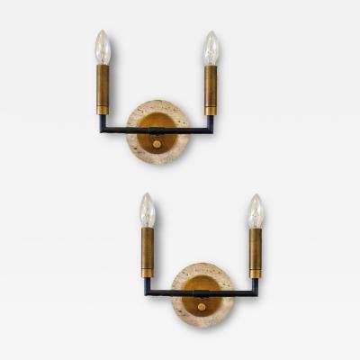 Pair of Mid Century Italian Modern Metal and Travertine Wall Sconces