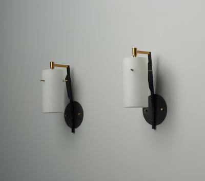Pair of Mid Century Italian Sconces in Brass and Black with Opaline Glass Shades