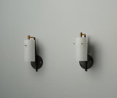 Pair of Mid Century Italian Sconces in Brass and Black with Opaline Glass Shades