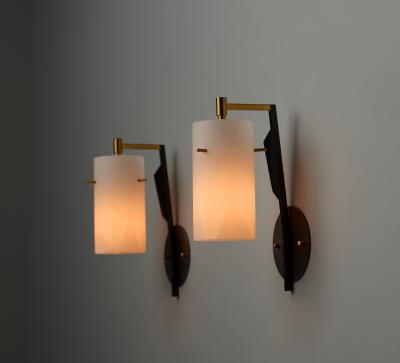 Pair of Mid Century Italian Sconces in Brass and Black with Opaline Glass Shades