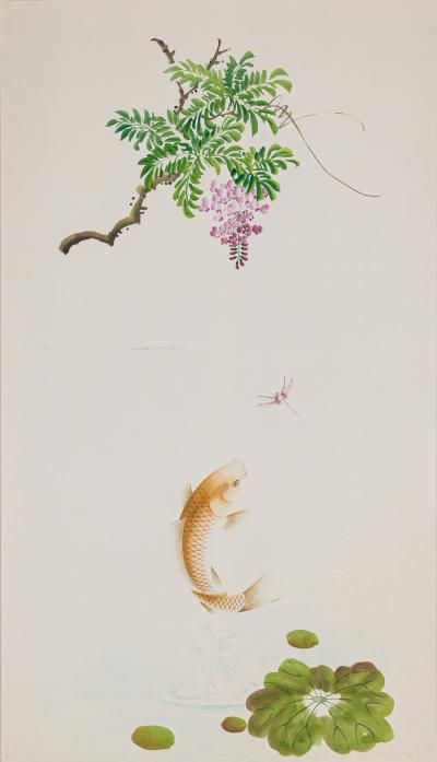 Pair of Mid Century Koi Fish and Tree Painted Silk Panels