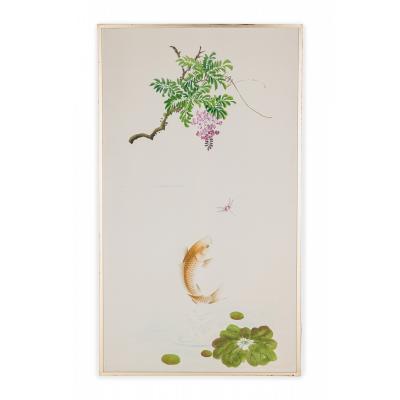 Pair of Mid Century Koi Fish and Tree Painted Silk Panels