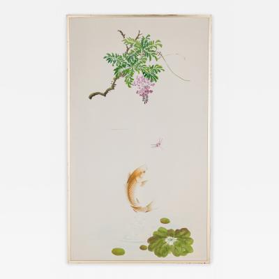 Pair of Mid Century Koi Fish and Tree Painted Silk Panels