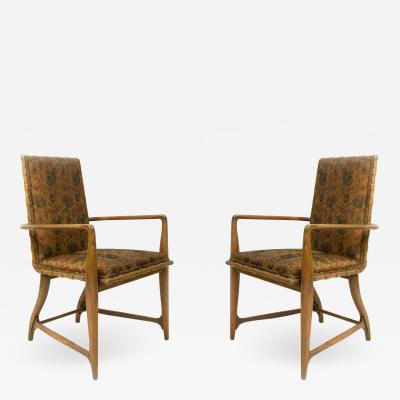 Pair of Mid Century Maple and Floral Upholstered Studio Arm Chairs