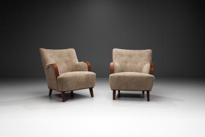 Pair of Mid Century Modern Armchairs with Wooden Arm Details Europe 1950s