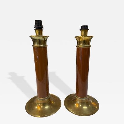 Pair of Mid Century Modern Brass and Brown Lacquer Table Lamps