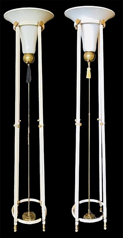 Pair of Mid Century Modern Bronze Floor Torchiere Lamps with Porcelain Globes