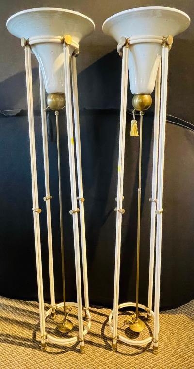 Pair of Mid Century Modern Bronze Floor Torchiere Lamps with Porcelain Globes