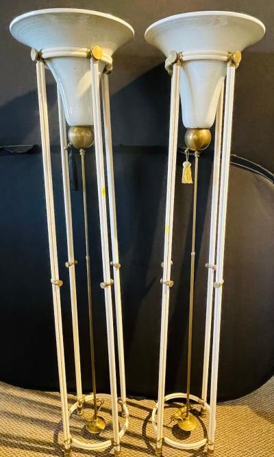 Pair of Mid Century Modern Bronze Floor Torchiere Lamps with Porcelain Globes