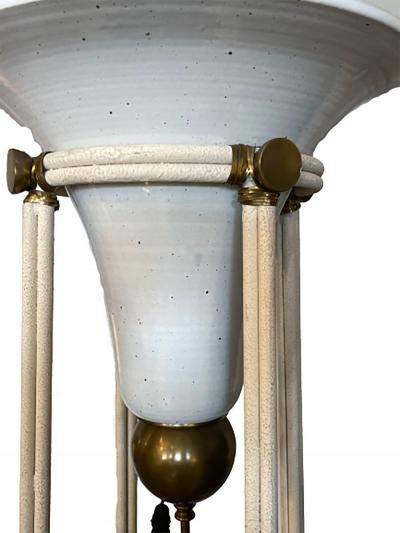 Pair of Mid Century Modern Bronze Floor Torchiere Lamps with Porcelain Globes