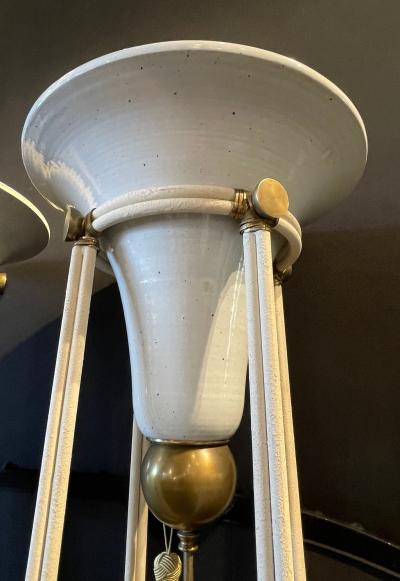 Pair of Mid Century Modern Bronze Floor Torchiere Lamps with Porcelain Globes