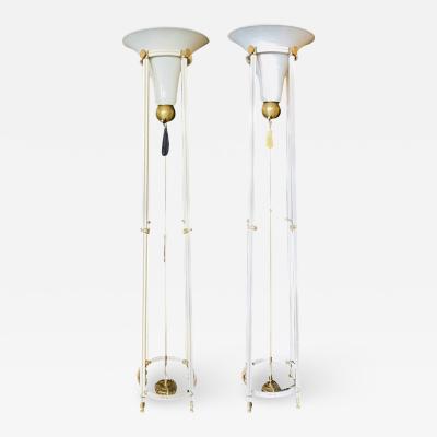 Pair of Mid Century Modern Bronze Floor Torchiere Lamps with Porcelain Globes