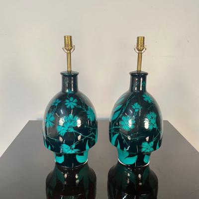 Pair of Mid Century Modern Ceramic Floral Motif Table Lamps Green and Blue