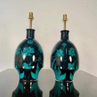 Pair of Mid Century Modern Ceramic Floral Motif Table Lamps Green and Blue