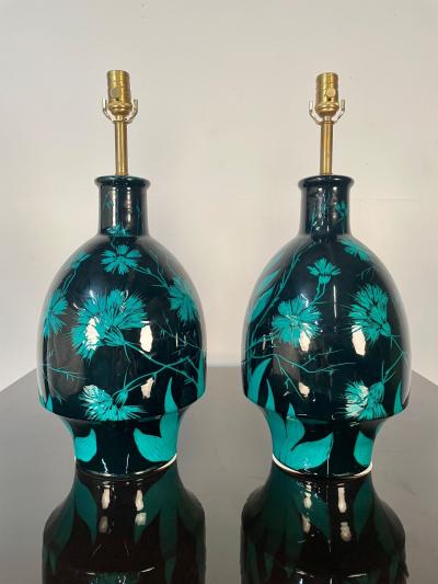 Pair of Mid Century Modern Ceramic Floral Motif Table Lamps Green and Blue
