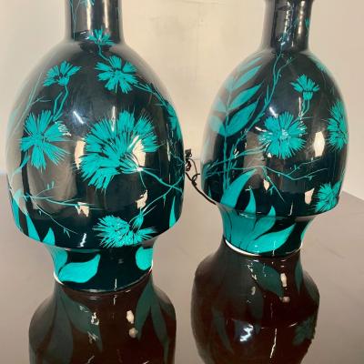 Pair of Mid Century Modern Ceramic Floral Motif Table Lamps Green and Blue
