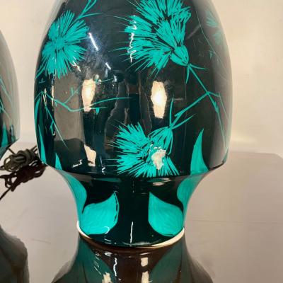 Pair of Mid Century Modern Ceramic Floral Motif Table Lamps Green and Blue