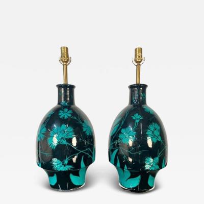 Pair of Mid Century Modern Ceramic Floral Motif Table Lamps Green and Blue