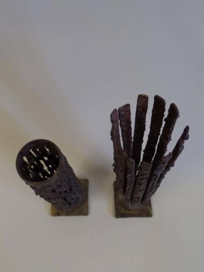 Pair of Mid Century Modern Craftsman Brutalist Candelabra in Bronze