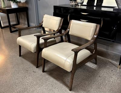 Pair of Mid Century Modern Danish Lounge Chairs Stitched Leather