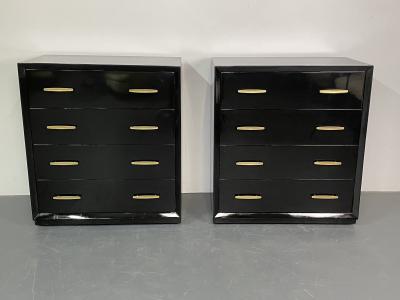 Pair of Mid Century Modern Ebony Lacquered Chests Dressers Brass American
