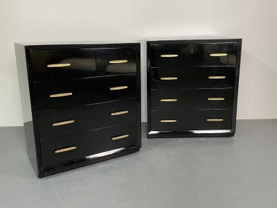 Pair of Mid Century Modern Ebony Lacquered Chests Dressers Brass American