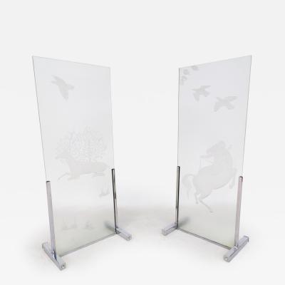 Pair of Mid Century Modern Engraved Glass Panels