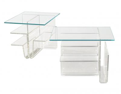 Pair of Mid Century Modern Glass Top Acrylic End Tables Magazine Stands