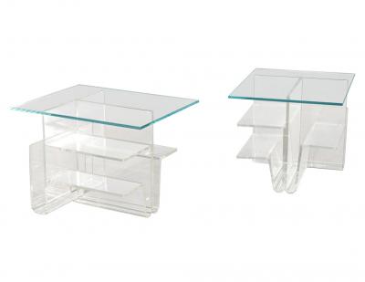 Pair of Mid Century Modern Glass Top Acrylic End Tables Magazine Stands