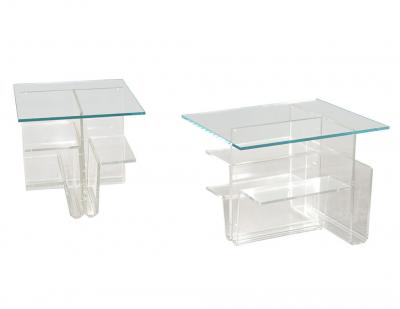 Pair of Mid Century Modern Glass Top Acrylic End Tables Magazine Stands