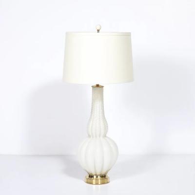 Pair of Mid Century Modern Hand Blown Murano Fluted Off White Glass Table Lamps