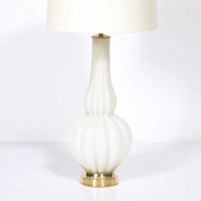 Pair of Mid Century Modern Hand Blown Murano Fluted Off White Glass Table Lamps