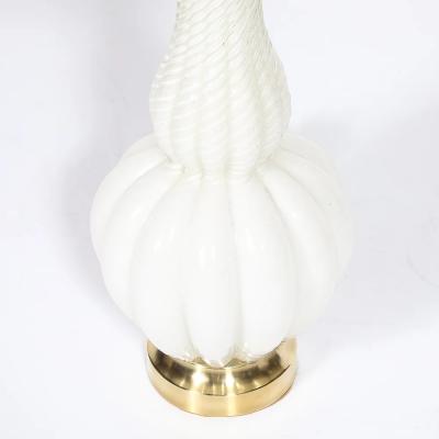 Pair of Mid Century Modern Hand Blown Murano Fluted Off White Glass Table Lamps