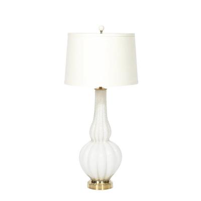 Pair of Mid Century Modern Hand Blown Murano Fluted Off White Glass Table Lamps