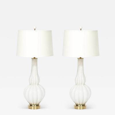Pair of Mid Century Modern Hand Blown Murano Fluted Off White Glass Table Lamps