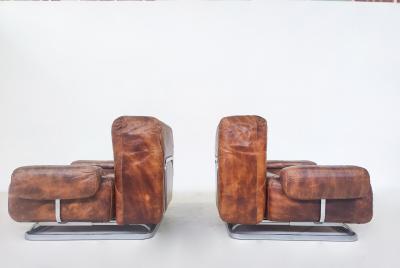 Pair of Mid Century Modern Leather Chrome Armchairs