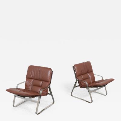 Pair of Mid Century Modern Leather Chrome Lounge Chairs