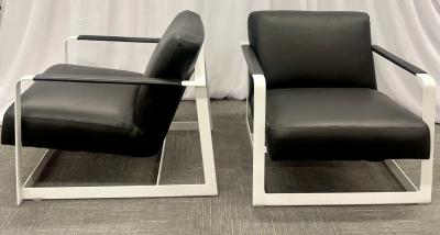 Pair of Mid Century Modern Lounge Chairs Leather Steel Base American 1980s