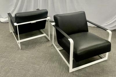 Pair of Mid Century Modern Lounge Chairs Leather Steel Base American 1980s