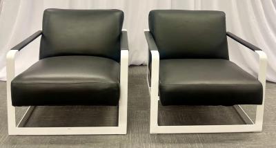 Pair of Mid Century Modern Lounge Chairs Leather Steel Base American 1980s