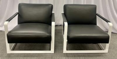 Pair of Mid Century Modern Lounge Chairs Leather Steel Base American 1980s