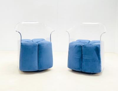 Pair of Mid Century Modern Lucite Armchairs in Blue Velvet