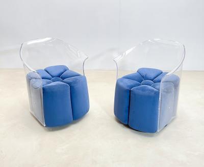 Pair of Mid Century Modern Lucite Armchairs in Blue Velvet
