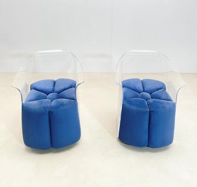 Pair of Mid Century Modern Lucite Armchairs in Blue Velvet