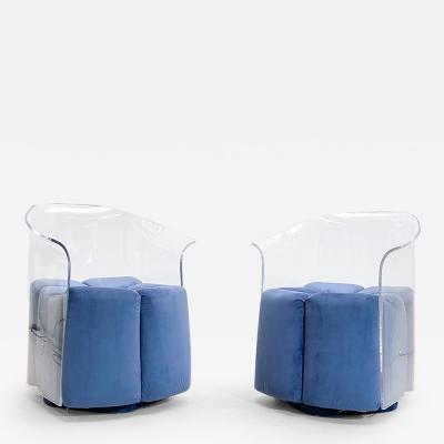 Pair of Mid Century Modern Lucite Armchairs in Blue Velvet