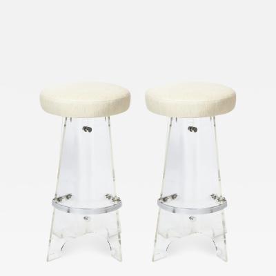 Pair of Mid Century Modern Lucite Chrome Bar Stools in Holly Hunt Upholstery